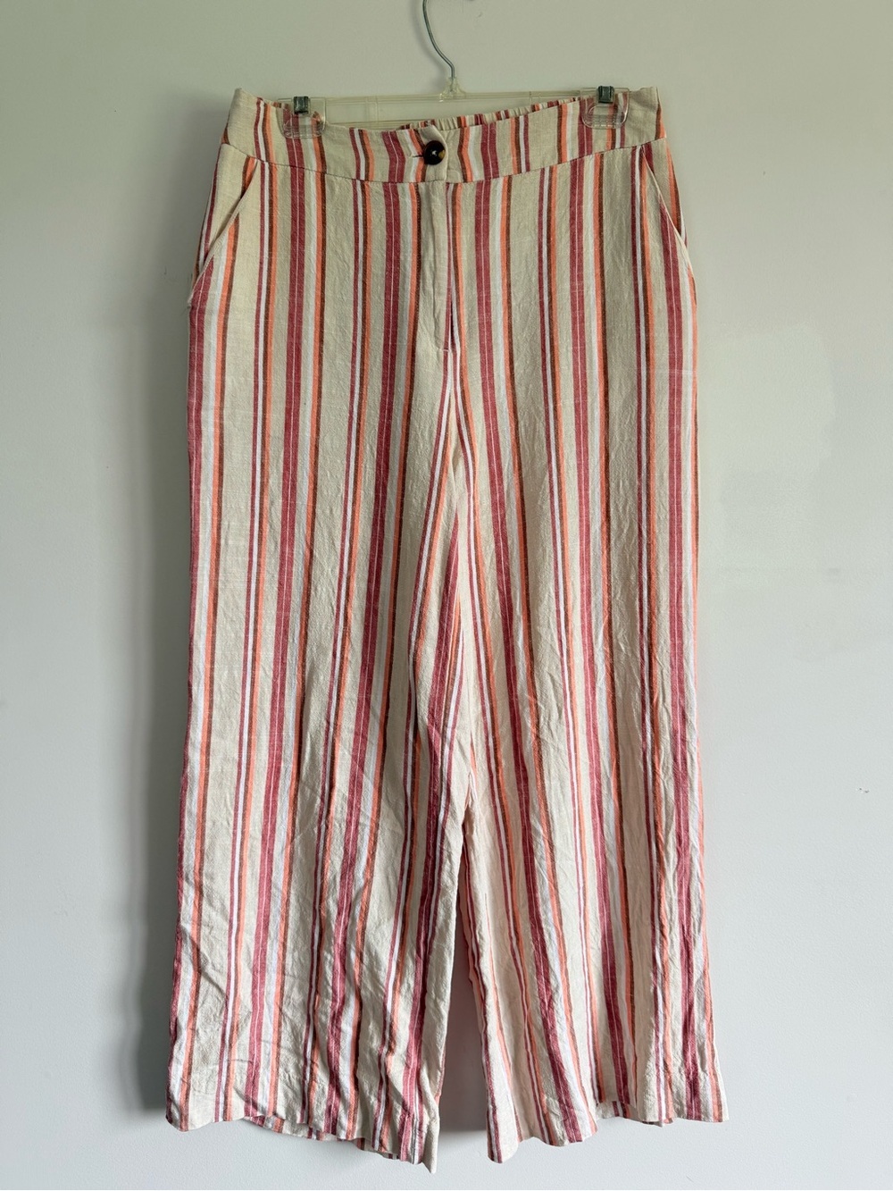 B.Young Cream Wide-Leg Pants with Red, White, Orange and Brown Stripes